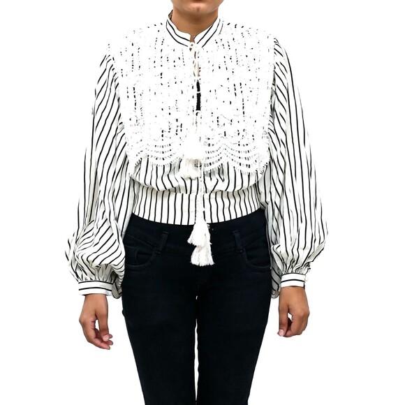 Uterque Striped Floral Lace Shirt Blouse Top Puff Sleeve Buttondown S-26 268310 - Picture 1 of 10